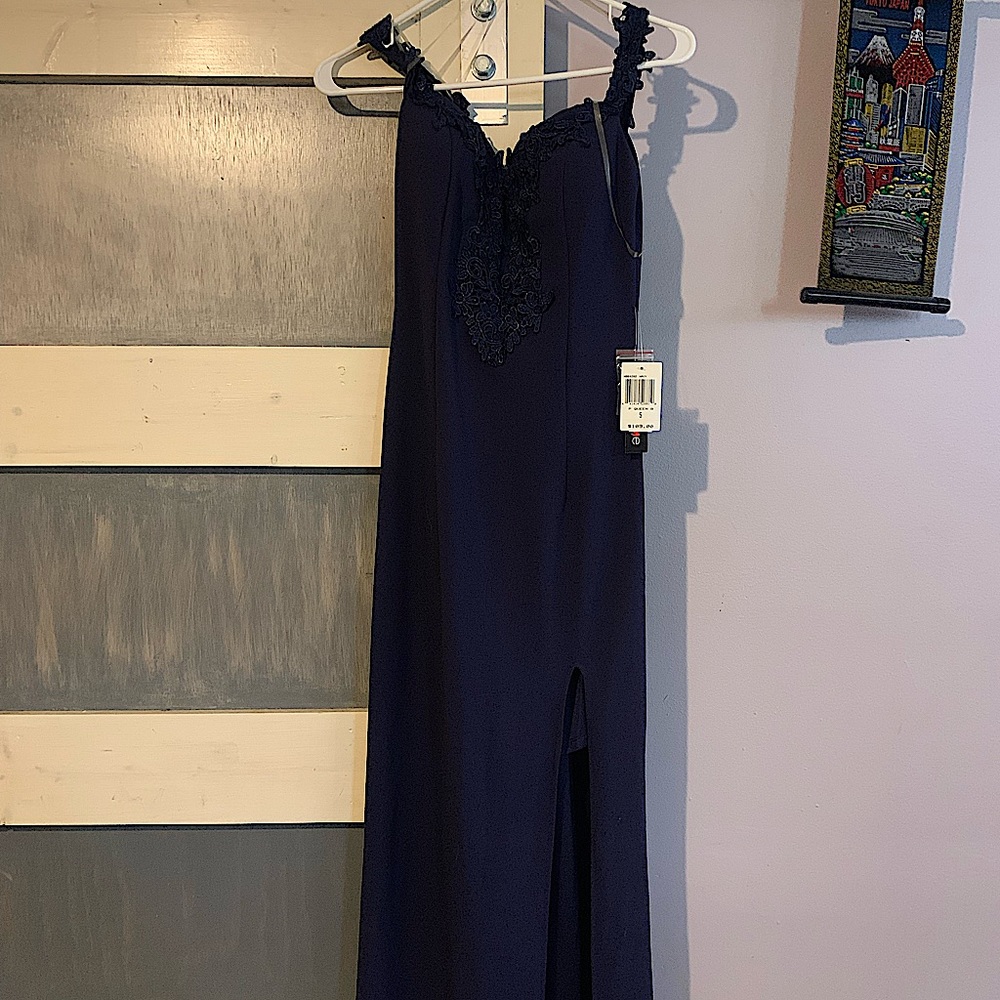 NAVY BLUE LONG DRESS WITH THIGH SPLIT